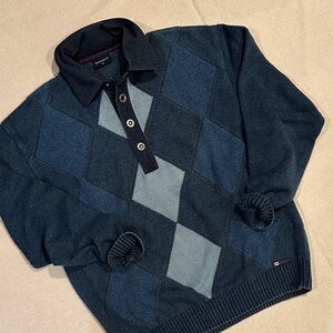 Blue Willi's Navy and Light Blue Argyle Sweater M